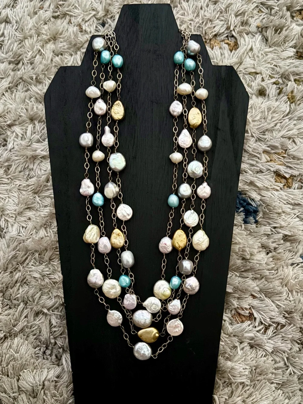 Multi-Strand Pastel Pearl and Gold Accent Necklace